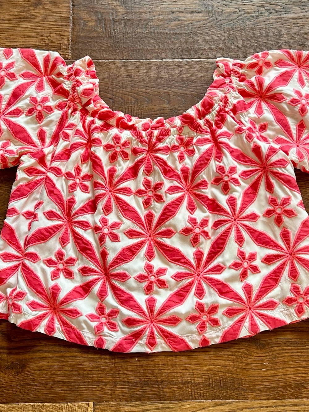Women’s Off-Shoulder Embroidered Top in Coral and White